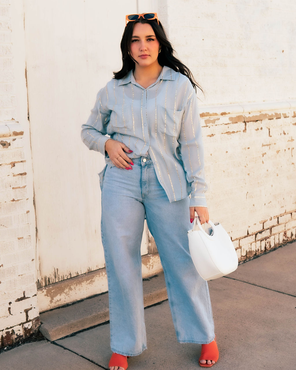 Beautiful blue button-up collared shirt with gold stripe detail