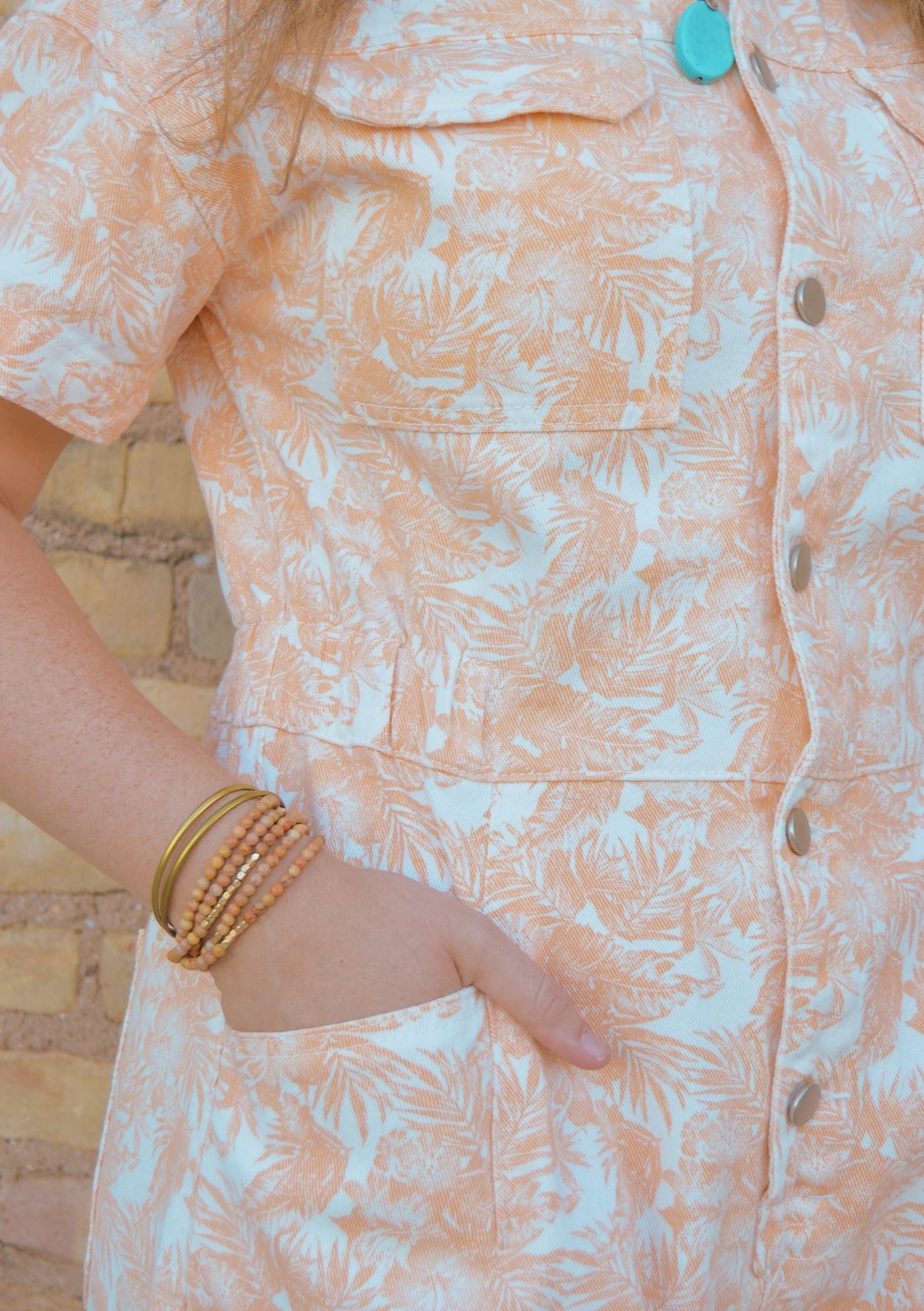 Peachy Denim Leaf Print Romper