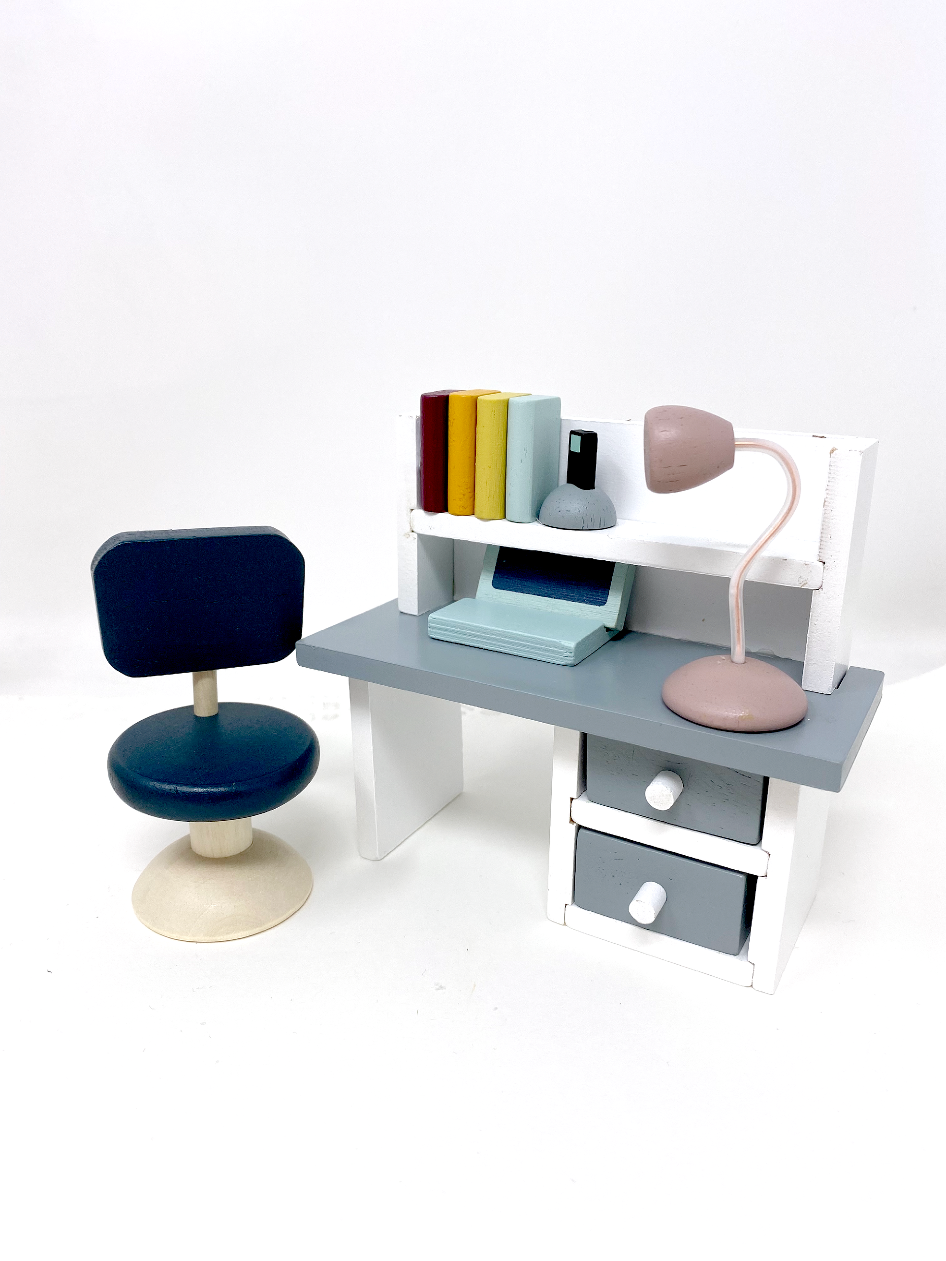 Dollhouse study furniture with clock, beanbag, couch, artist easel, and desk