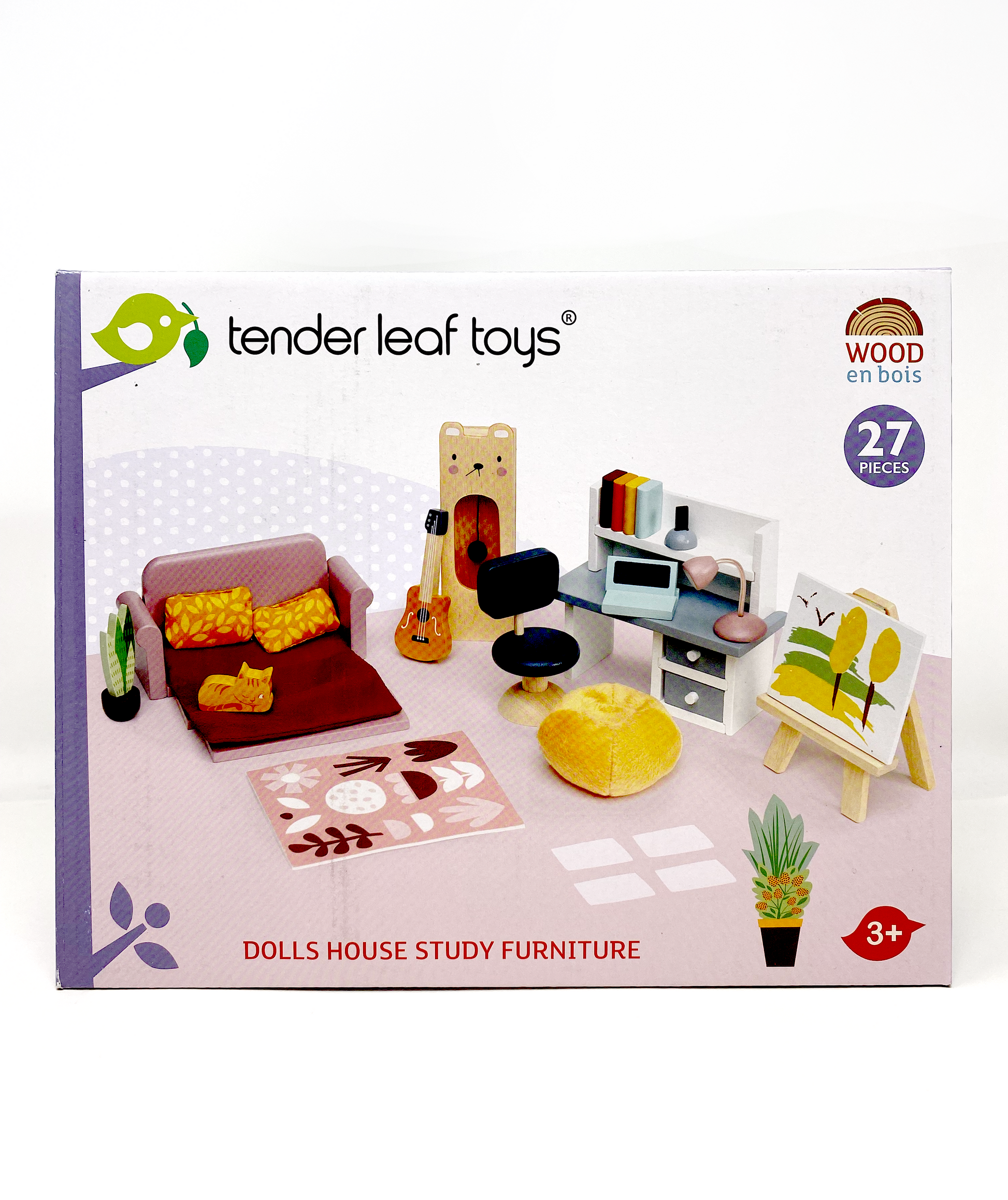 Dollhouse study furniture with clock, beanbag, couch, artist easel, and desk