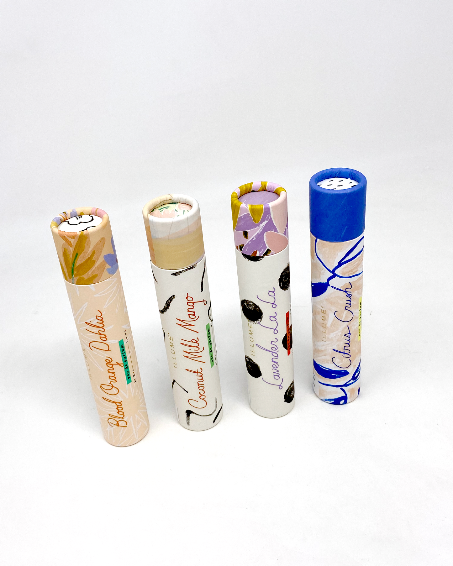 beautiful perfume rollers in four different scents. Blood Orange Dahlia, Coconut Milk Mango, La La Lavender, and Citrus Crush all smell divine!