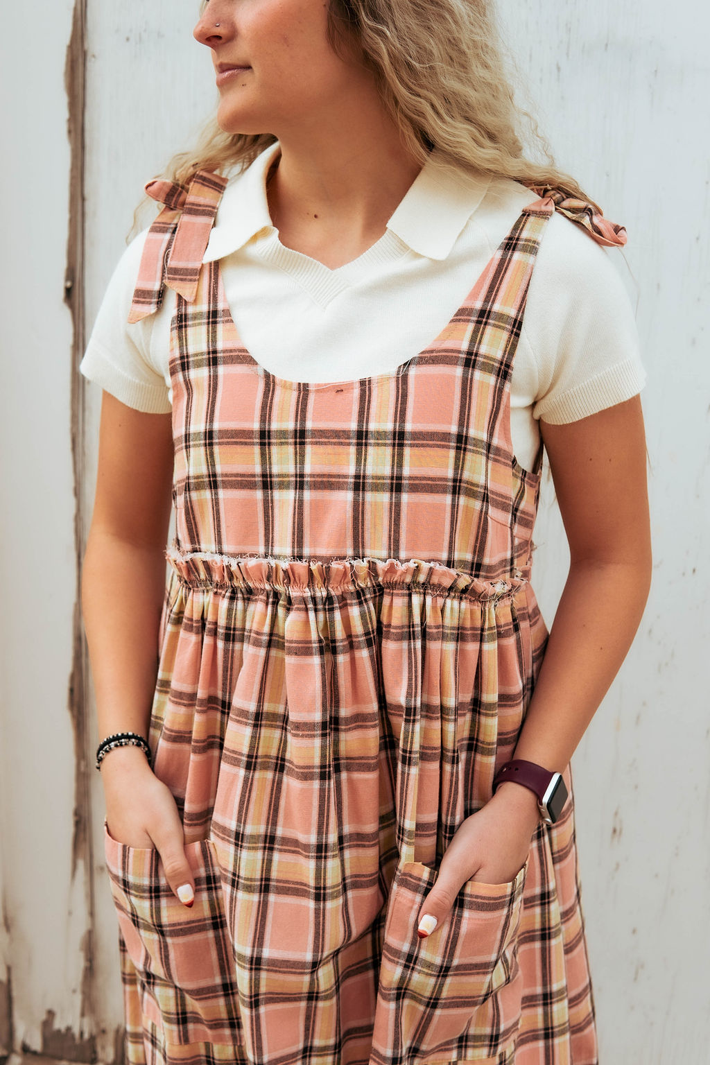 Cute pink plaid babydoll dress for spring Edit alt text