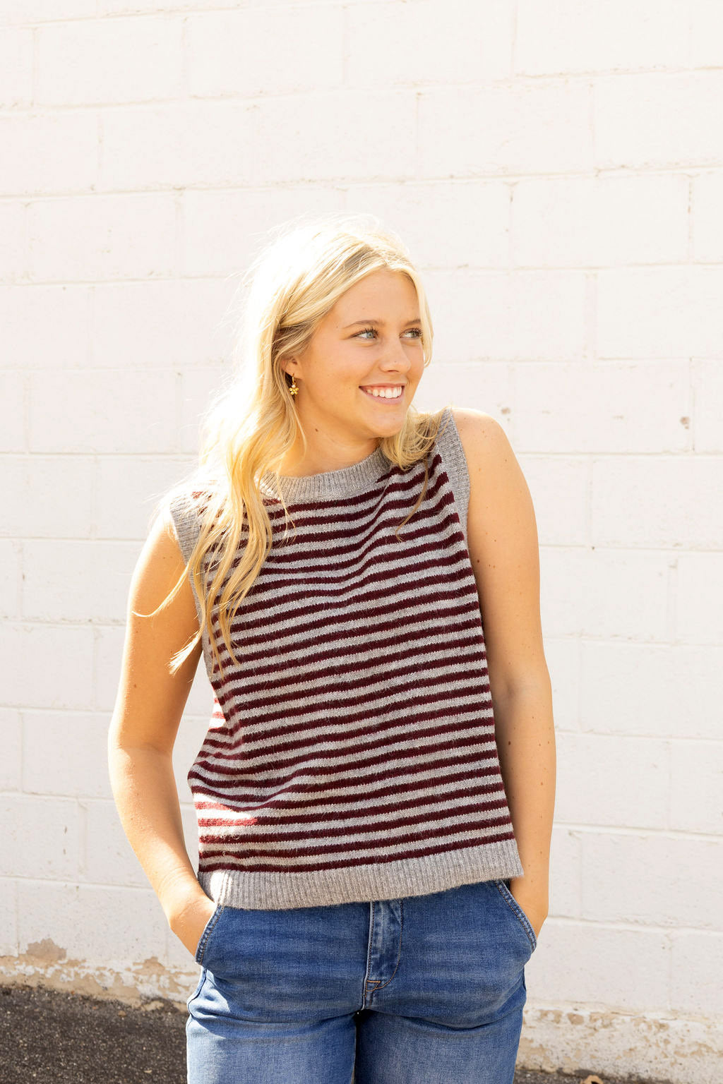 striped sweater vest. gray and maroon