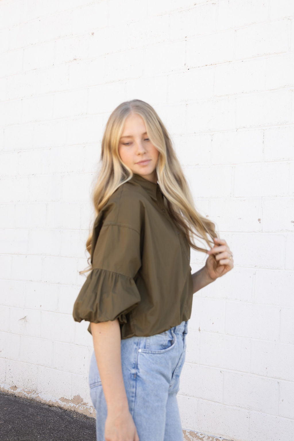 Olive button up crop top with puff sleeves