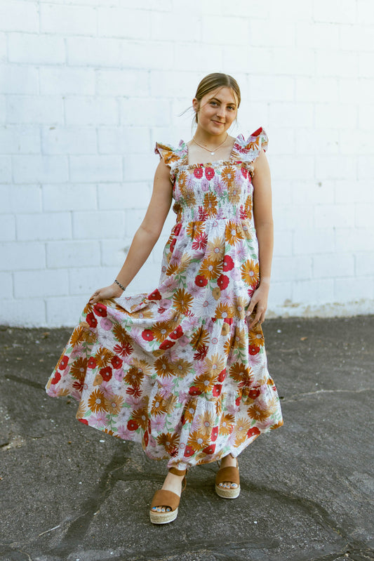 long floral dress with ruffled straps