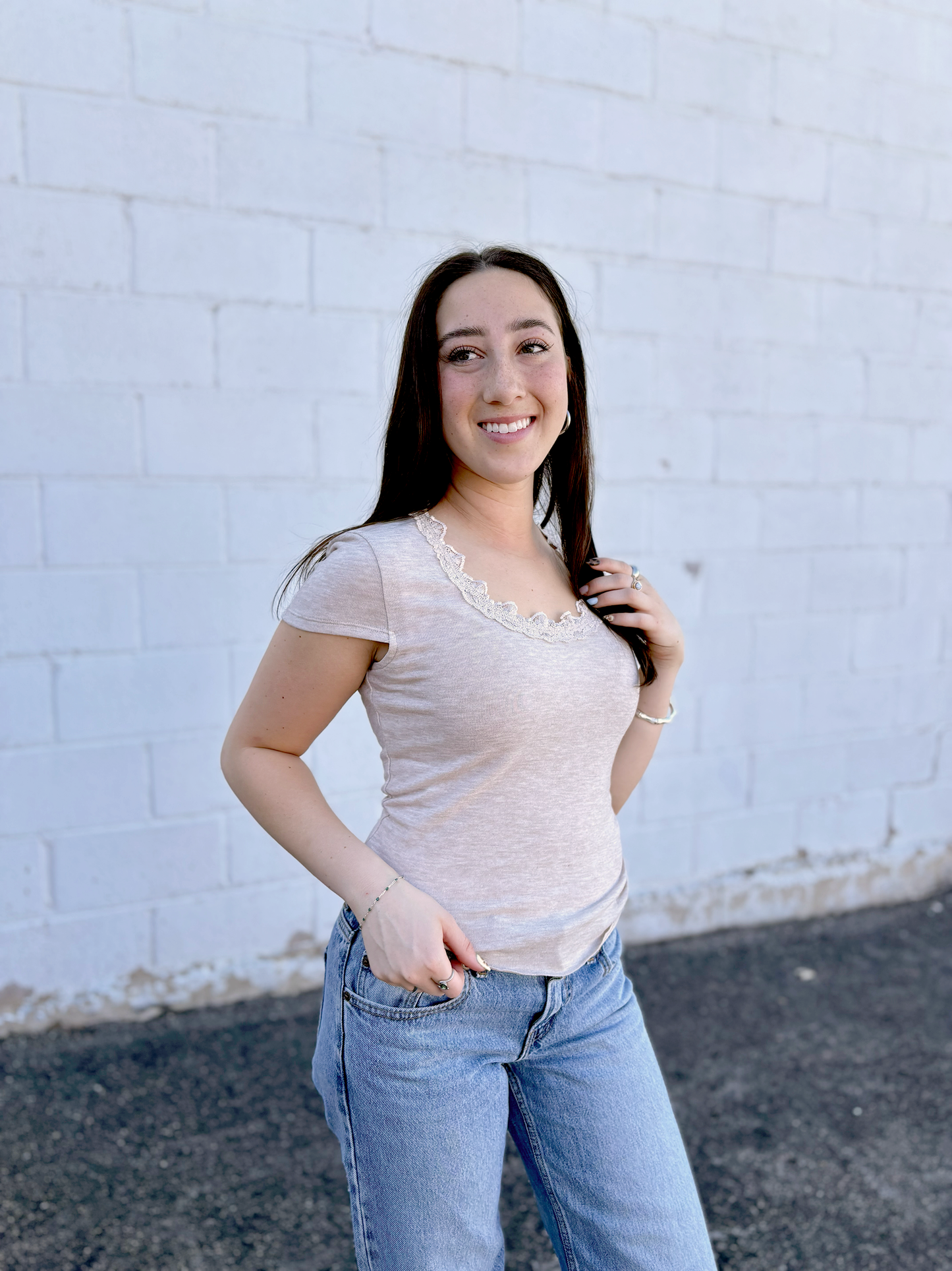 Beige tee with lace around the collar