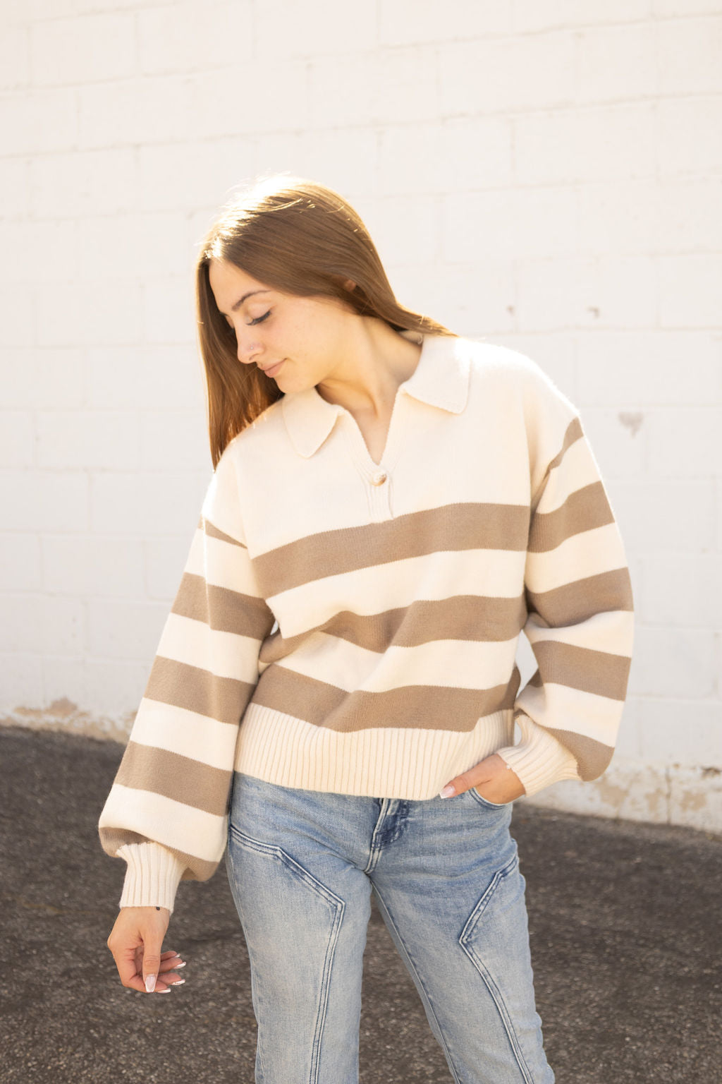 beige sweater with collar and tan stripes and balloon sleeves