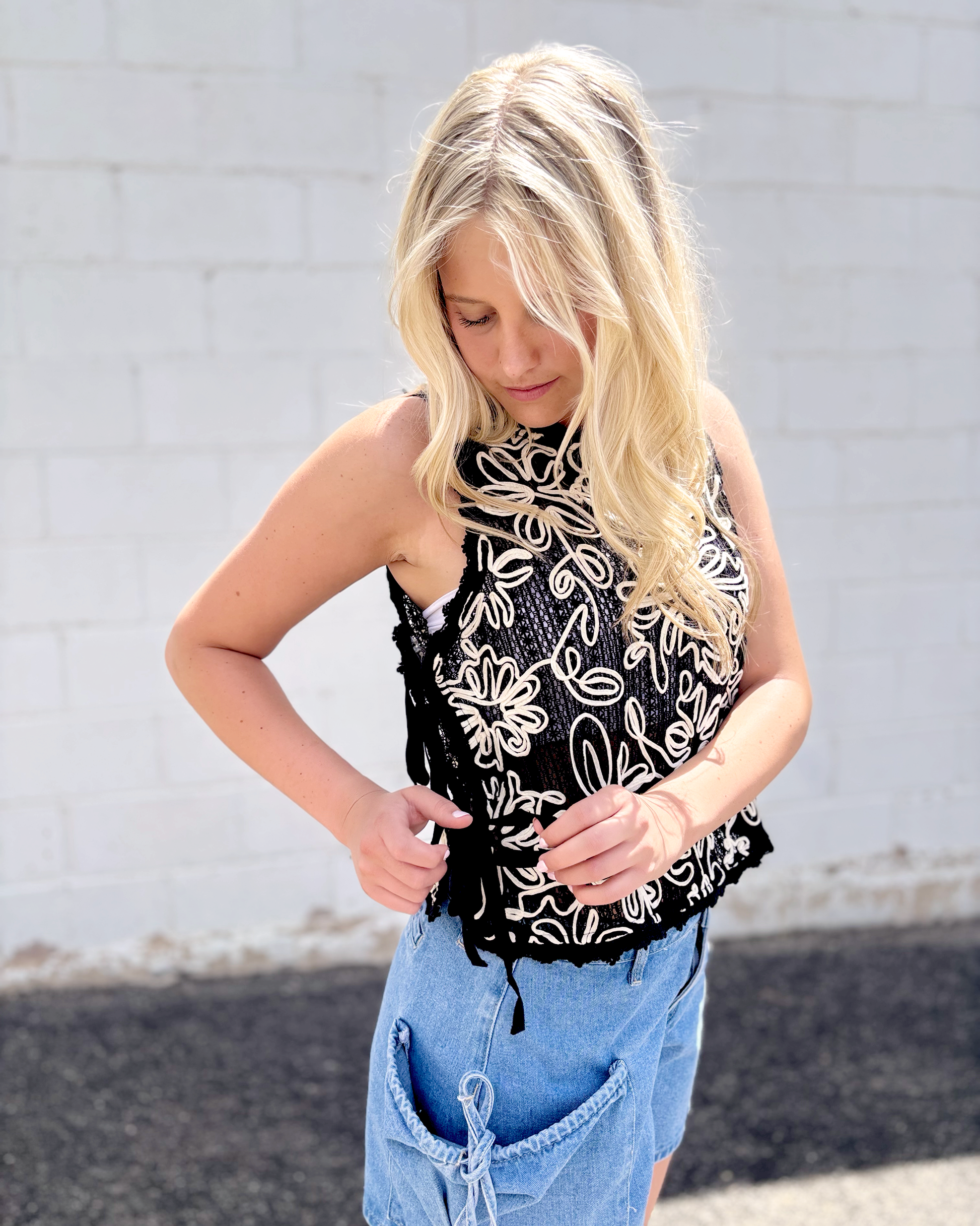 Black crochet top with ties on the sides