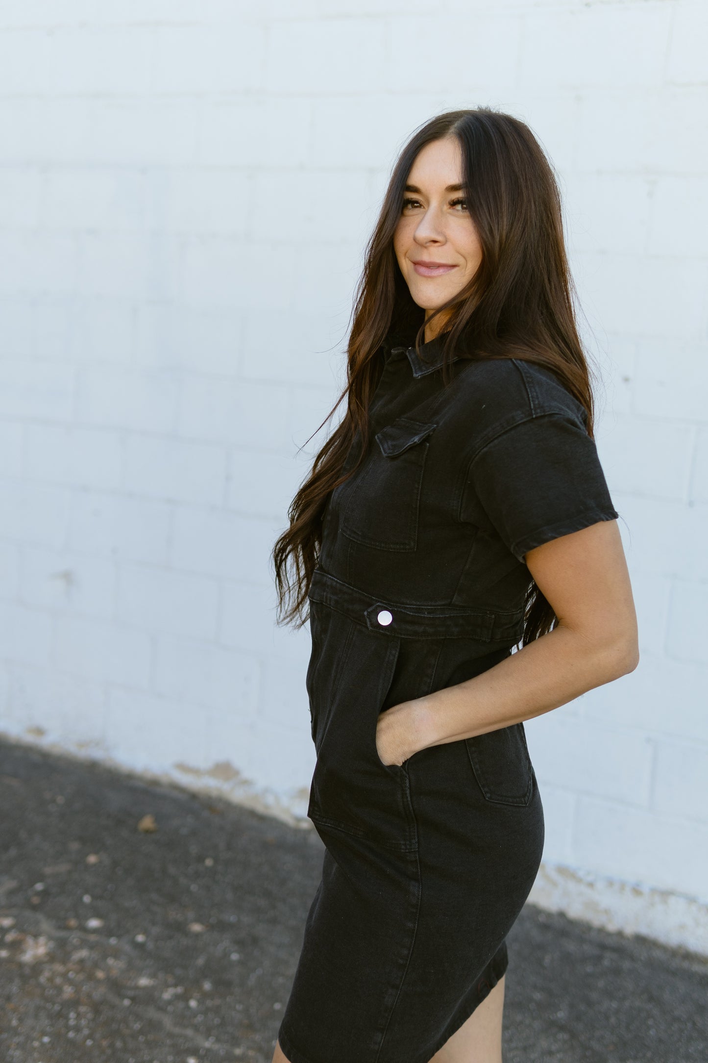 short black denim dress with button up front