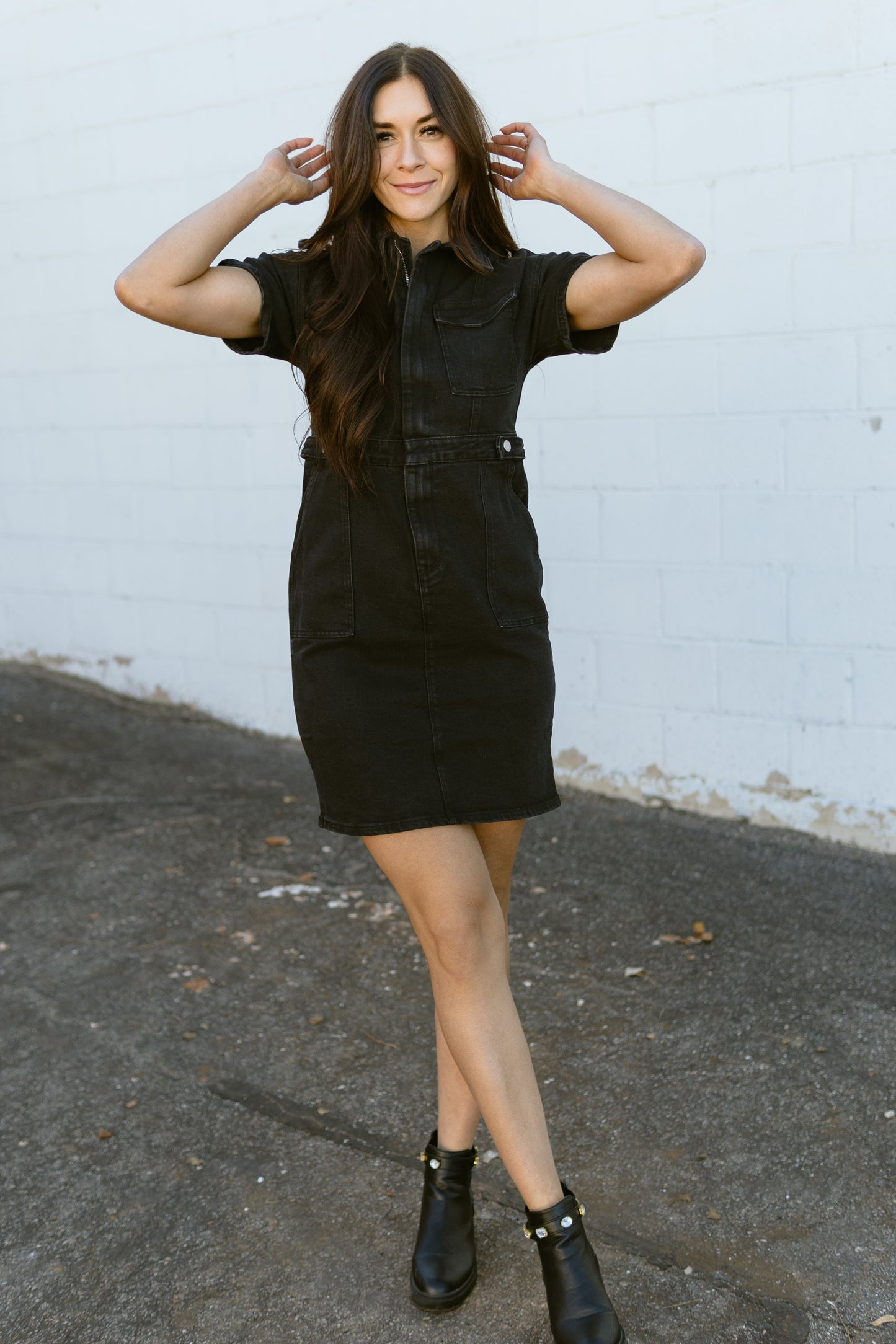 short black denim dress with button up front