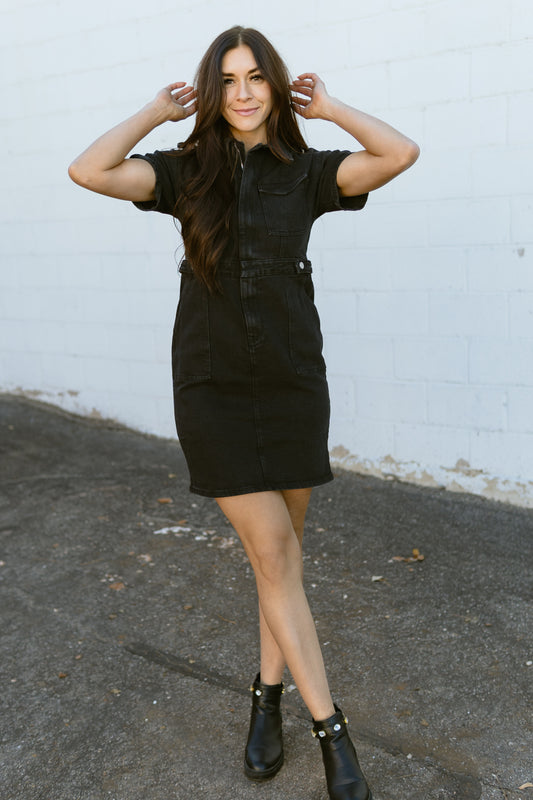 short black denim dress with button up front