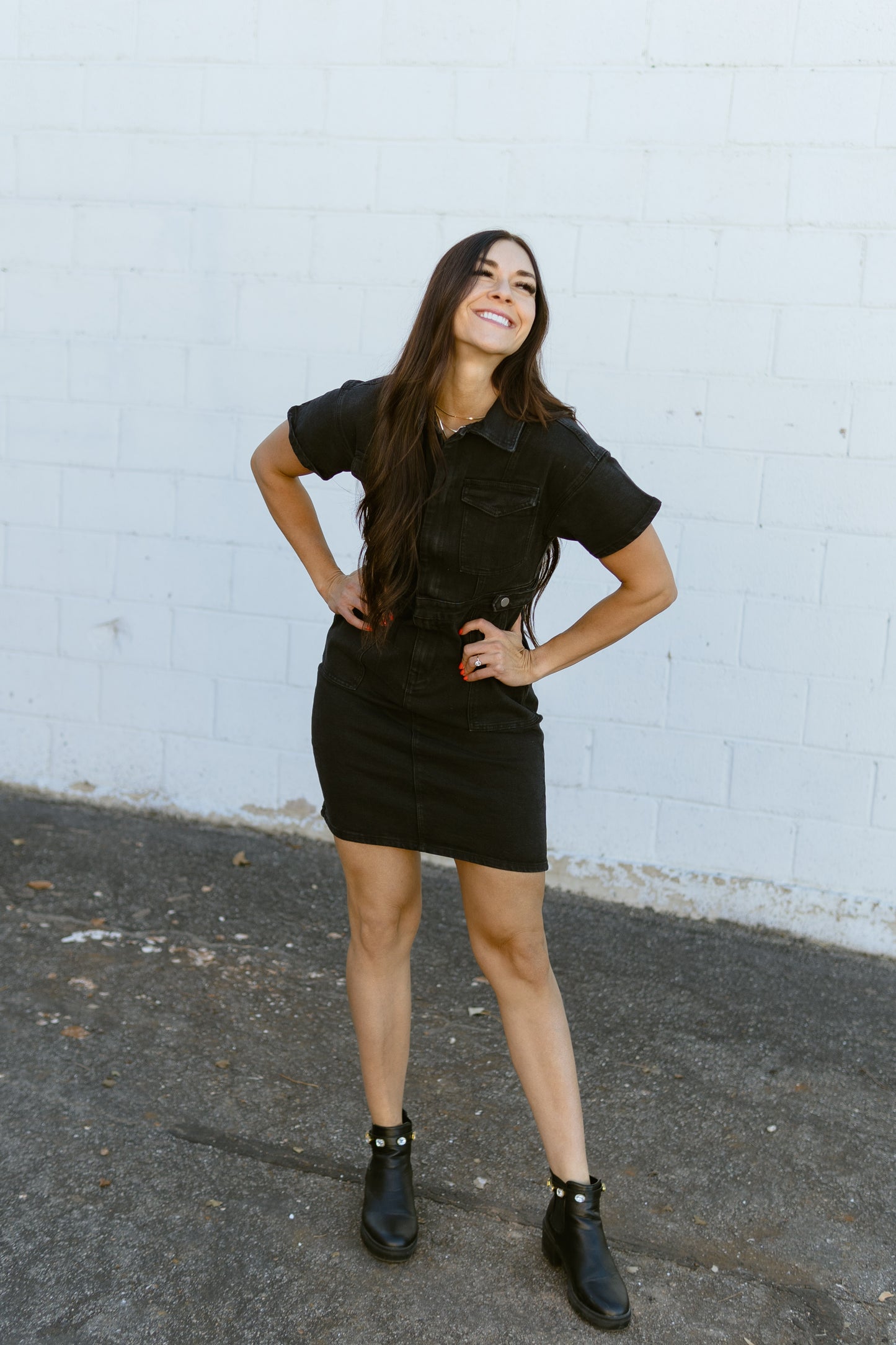 short black denim dress with button up front