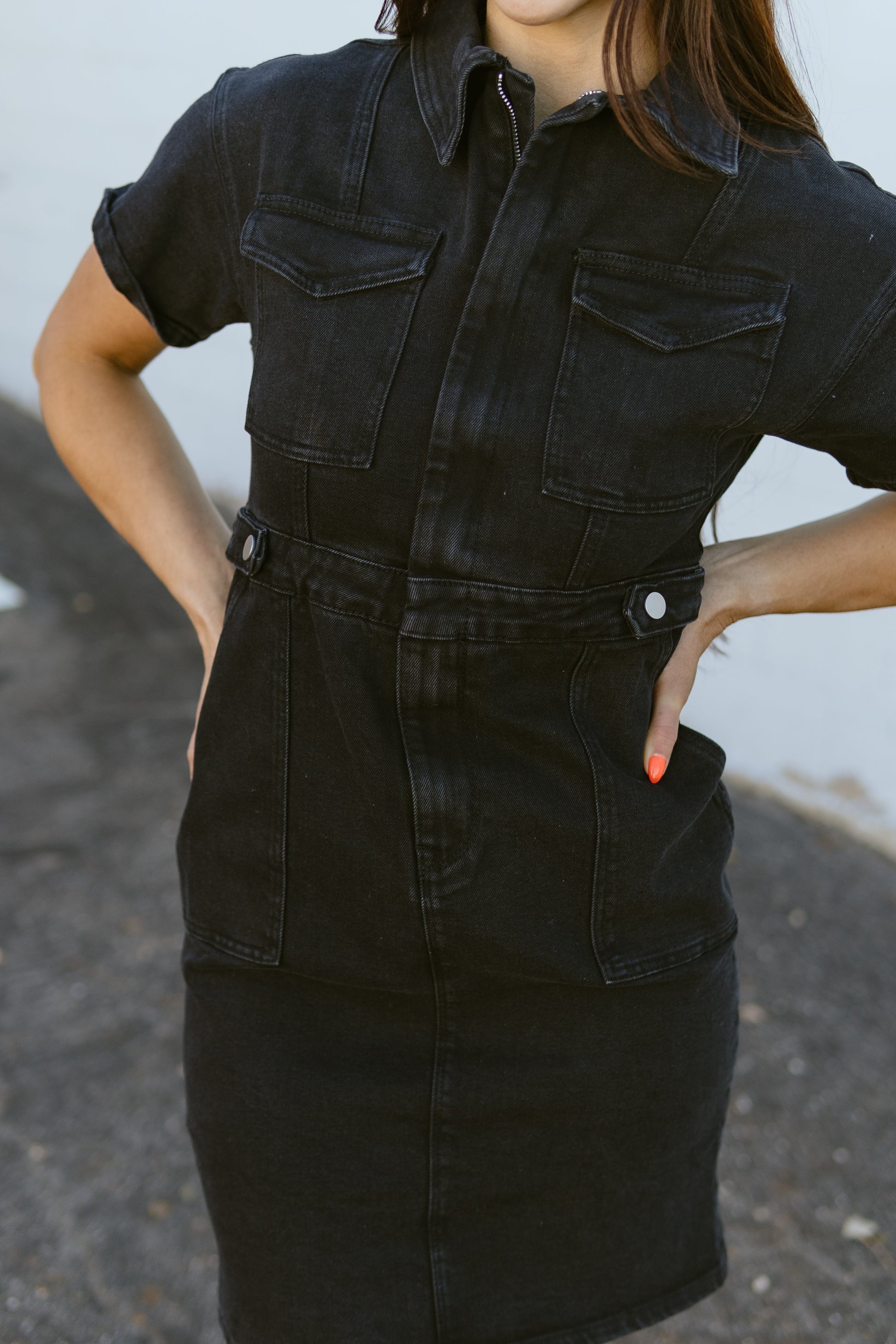 short black denim dress with button up front