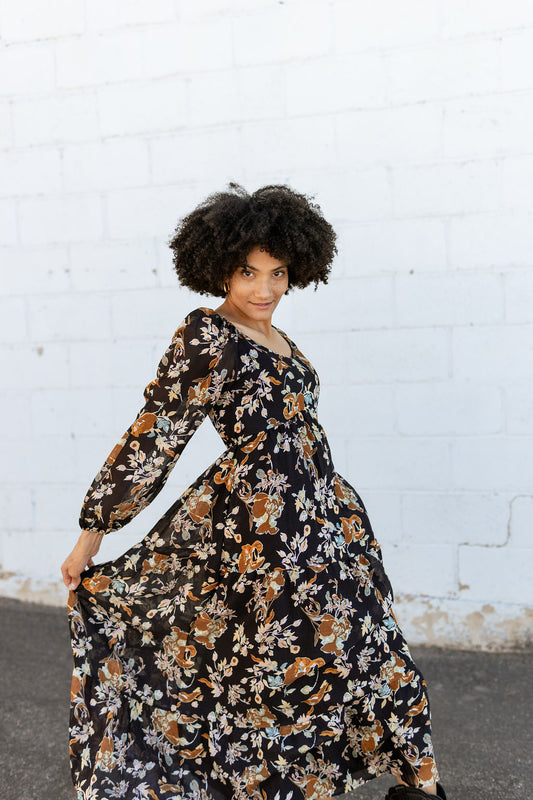 black dress with fall floral print