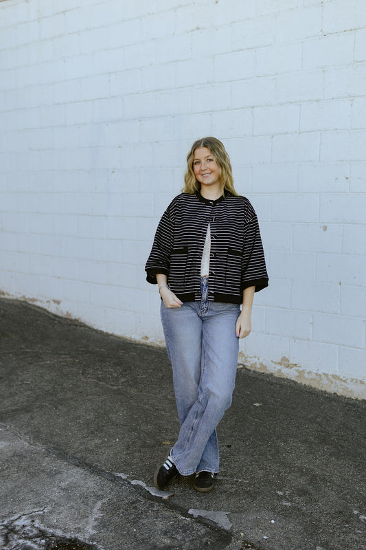 black short sleeve striped cardigan