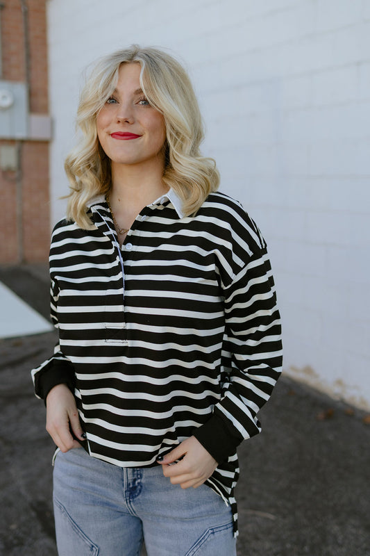 Black and white striped henley long sleeve shirt