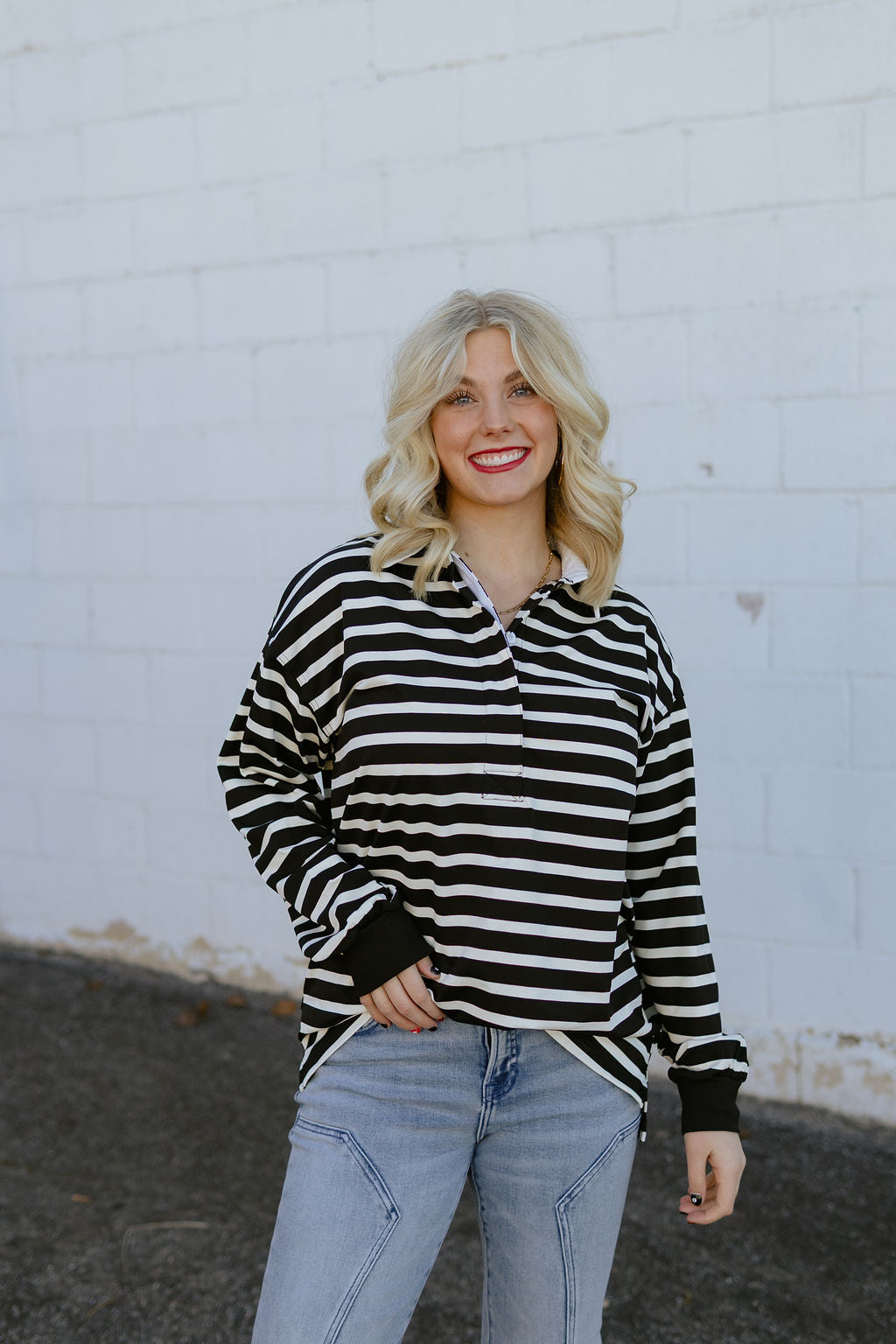 Black and white striped henley long sleeve shirt
