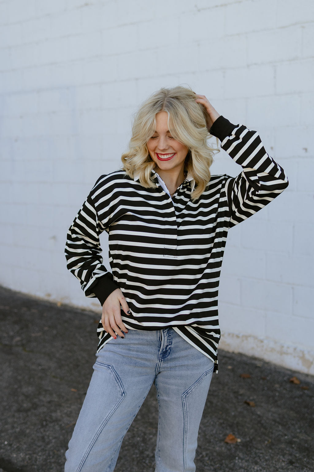 Black and white striped henley long sleeve shirt