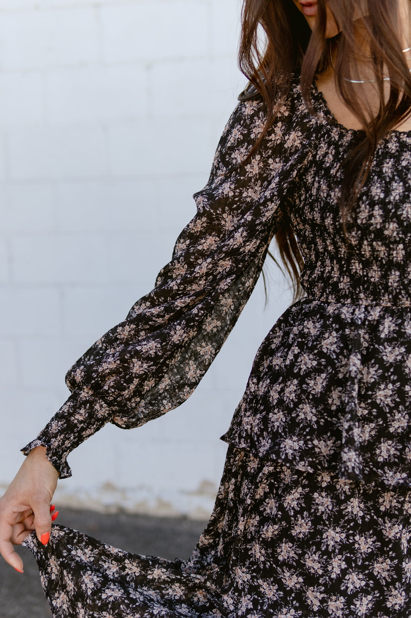 black floral dress with tan floral details