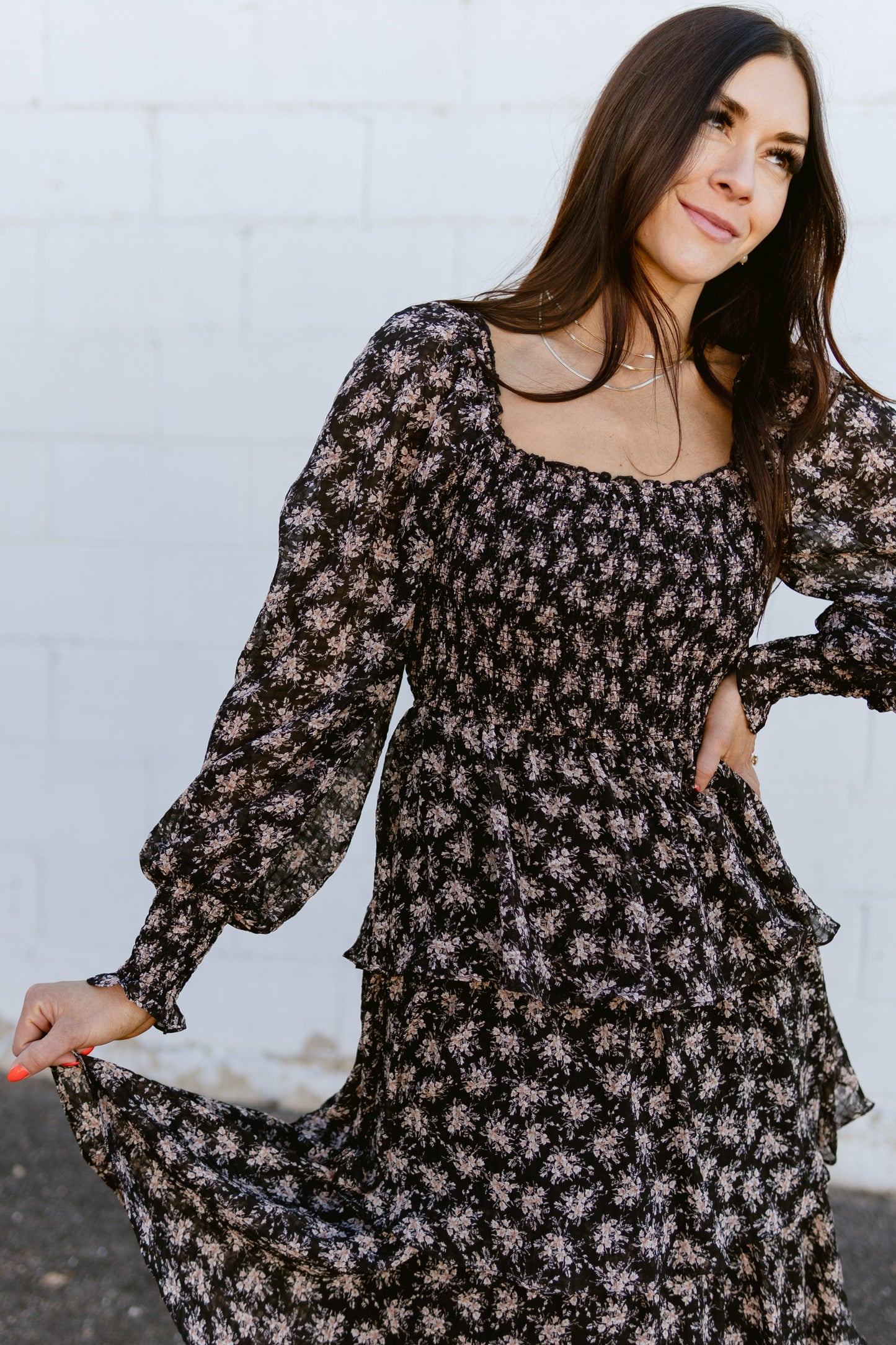 black floral dress with tan floral details