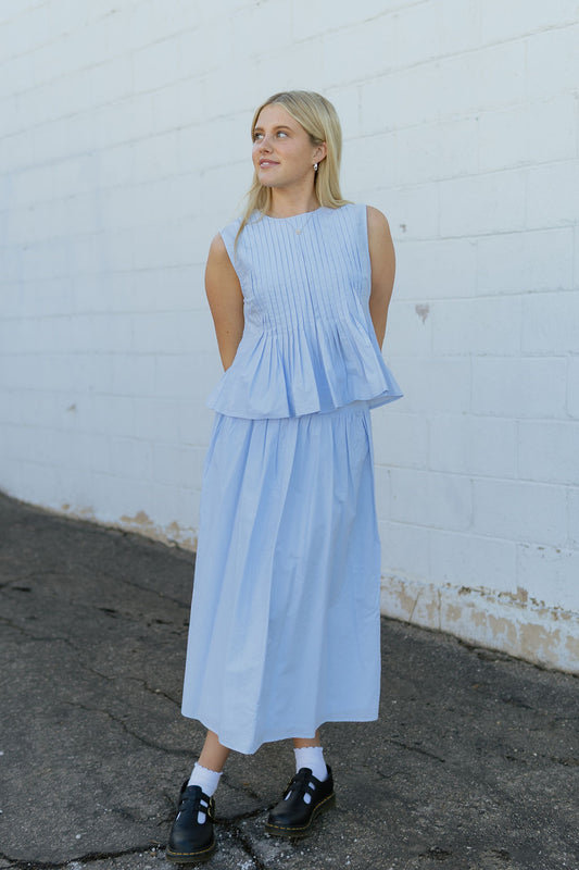 Blue pleated top and skirt set
