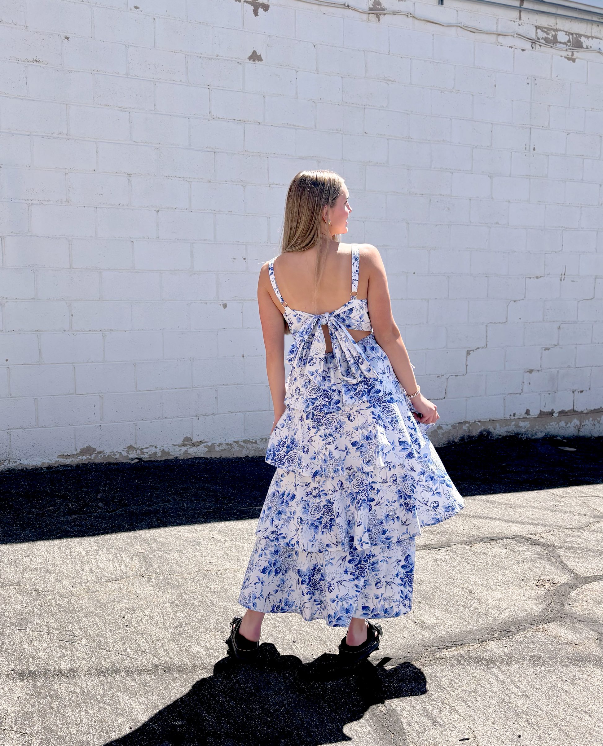 Long Blue Floral dress with tiers