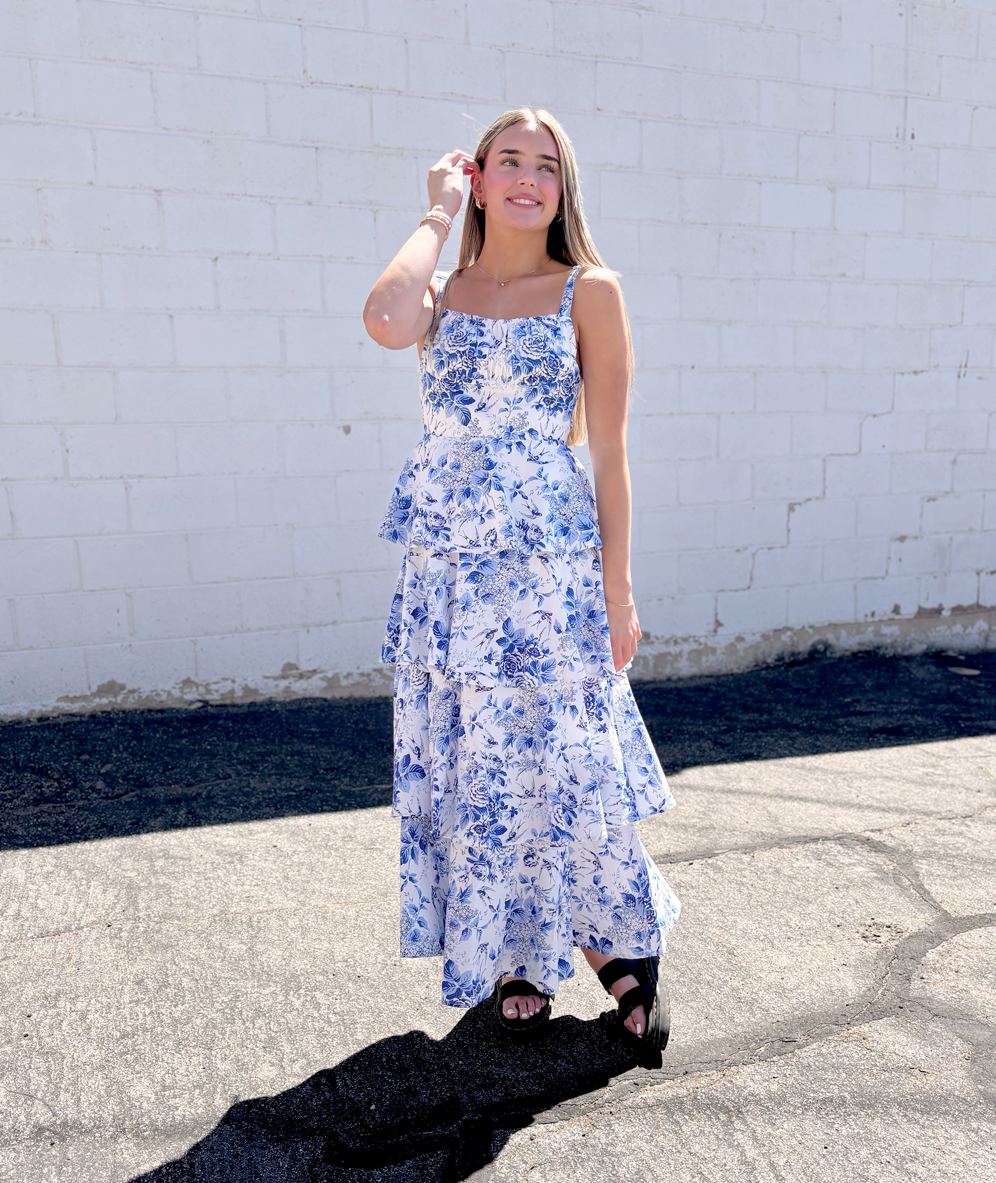 Long Blue Floral dress with tiers