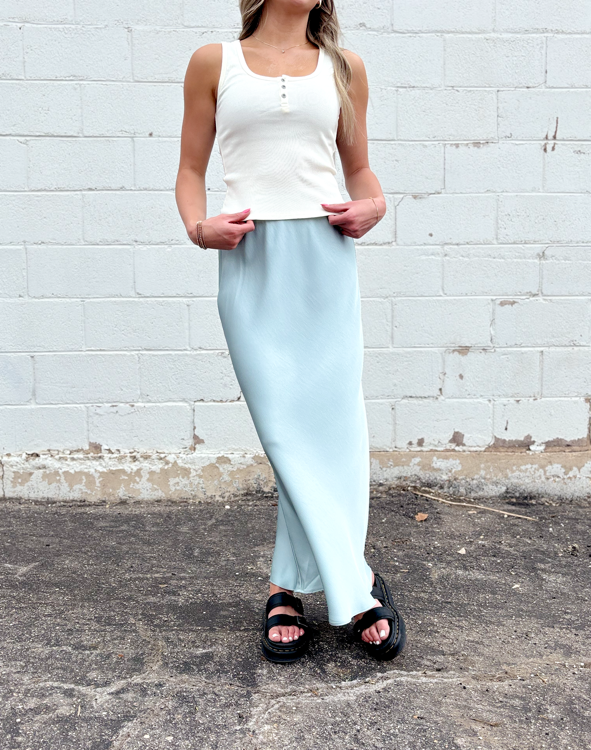 light blue long silky skirt