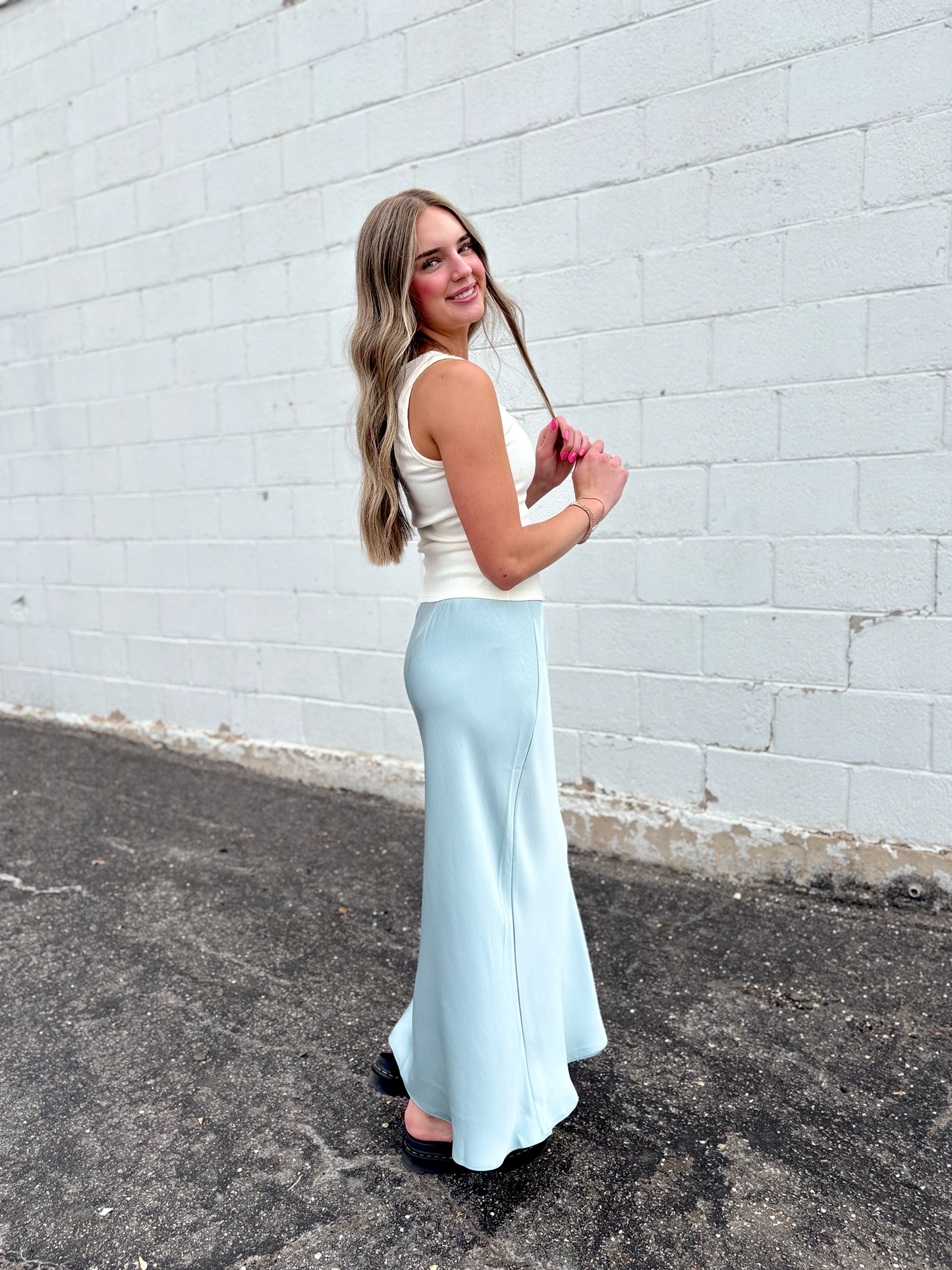 light blue long silky skirt