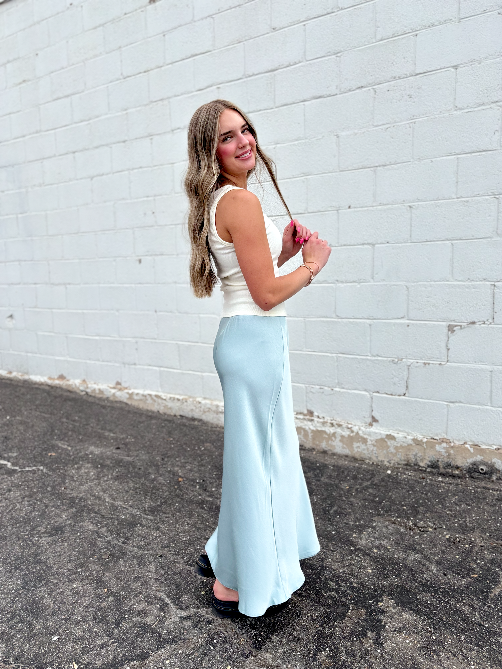 light blue long silky skirt