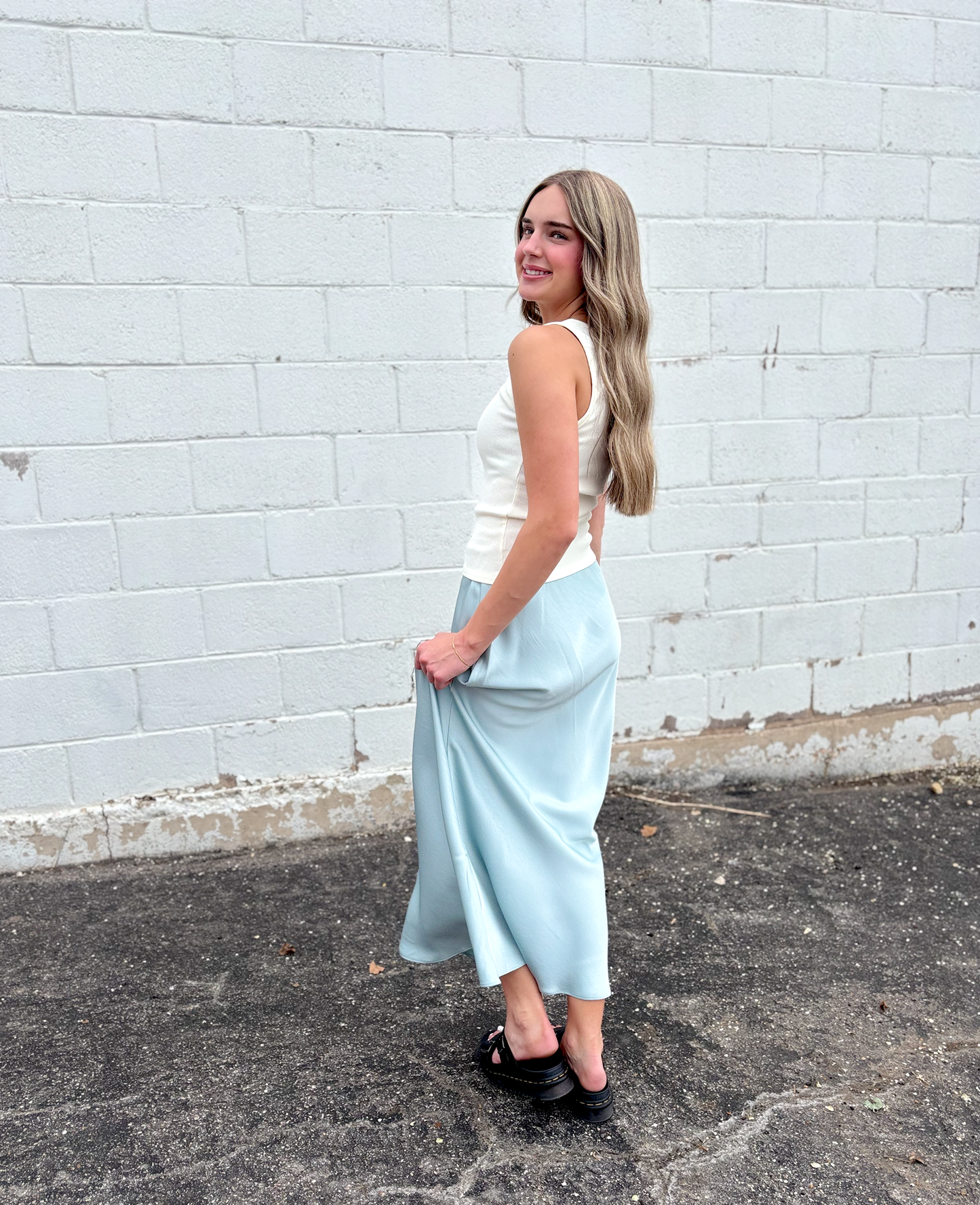 light blue long silky skirt