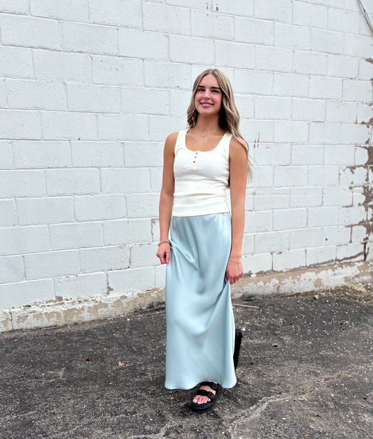 light blue long silky skirt