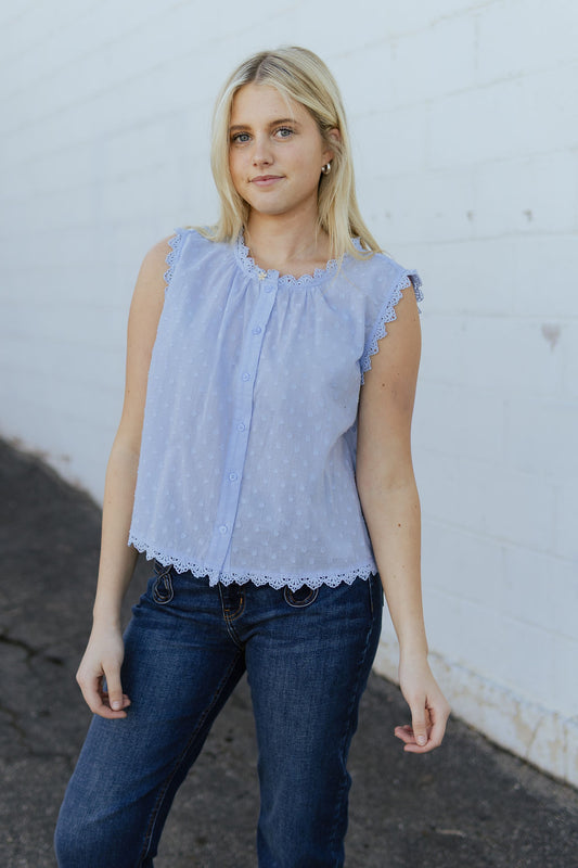 Blue Sleeveless top with embroidery