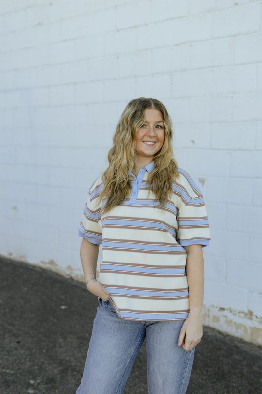 cute blue and tan striped polo
