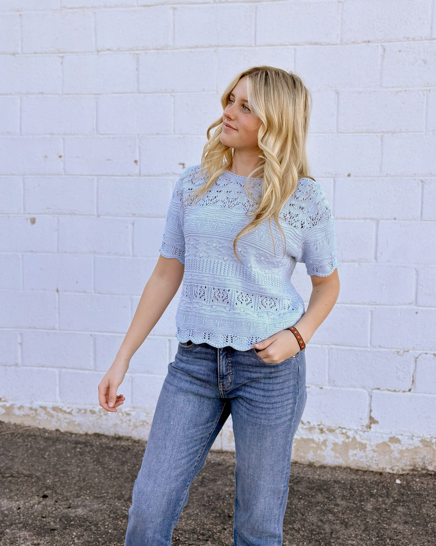 textured blue knit top with short sleeves
