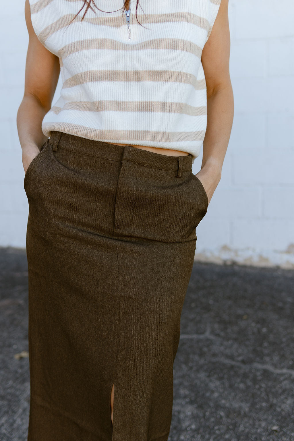 Brown pencil skirt with slit up the front