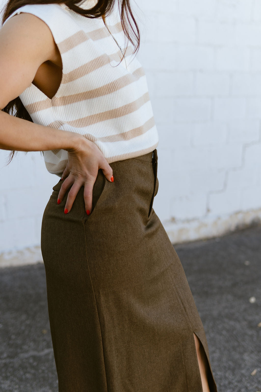 Brown pencil skirt with slit up the front