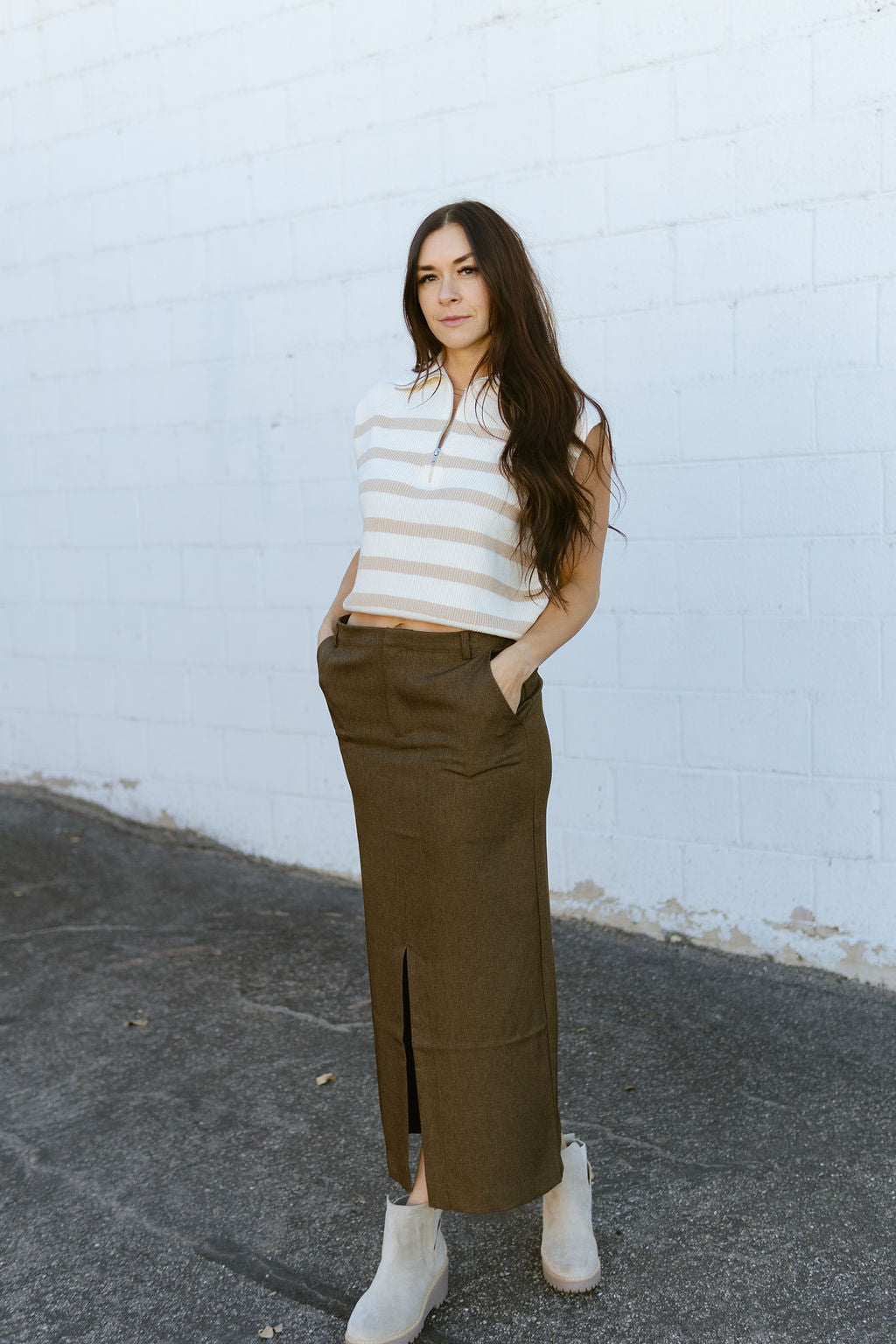 Brown pencil skirt with slit up the front