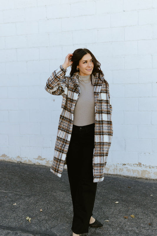 Brown and ivory plaid trench coat