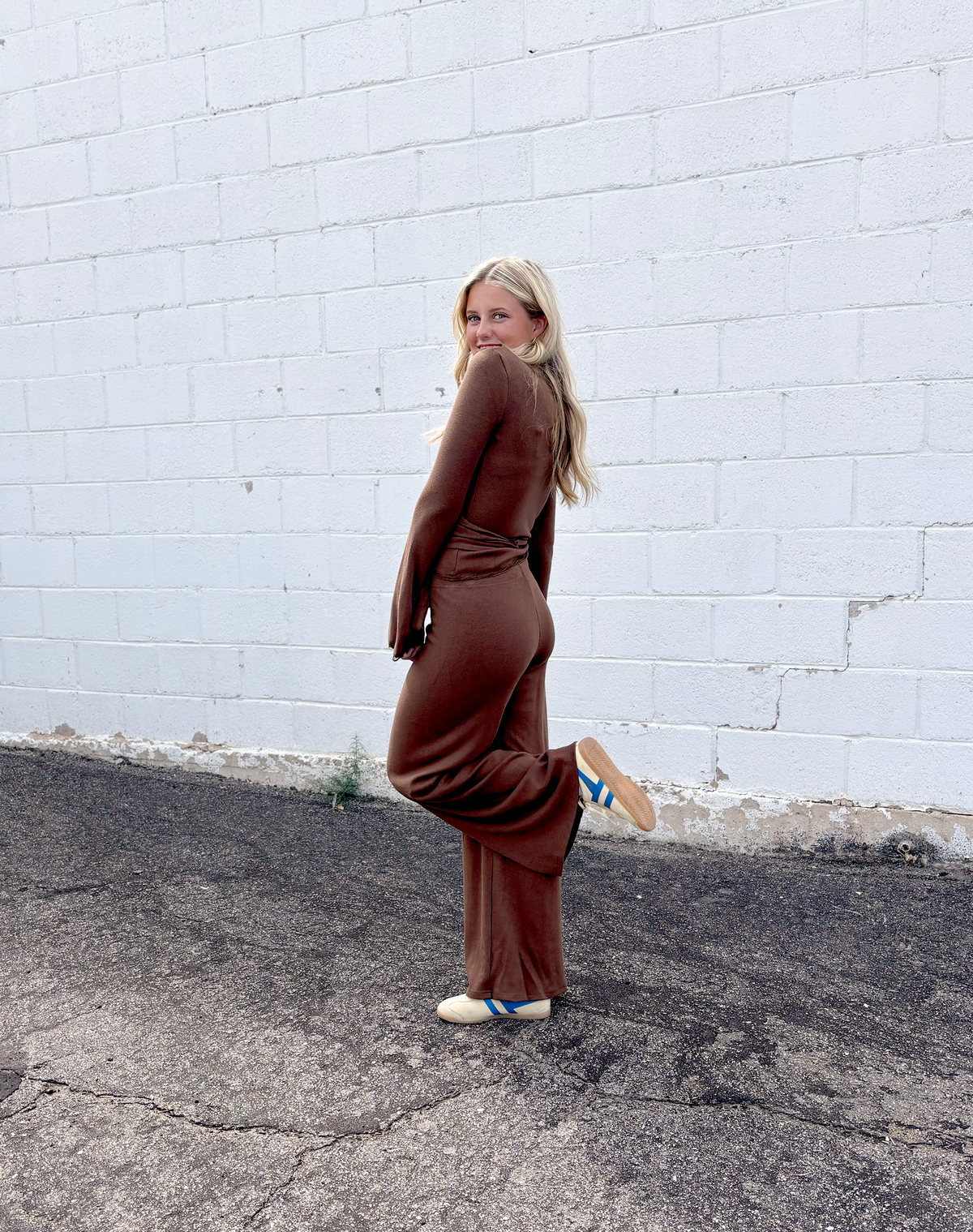 Cute brown wrap top with long sleeves and brow long pants, outfit set