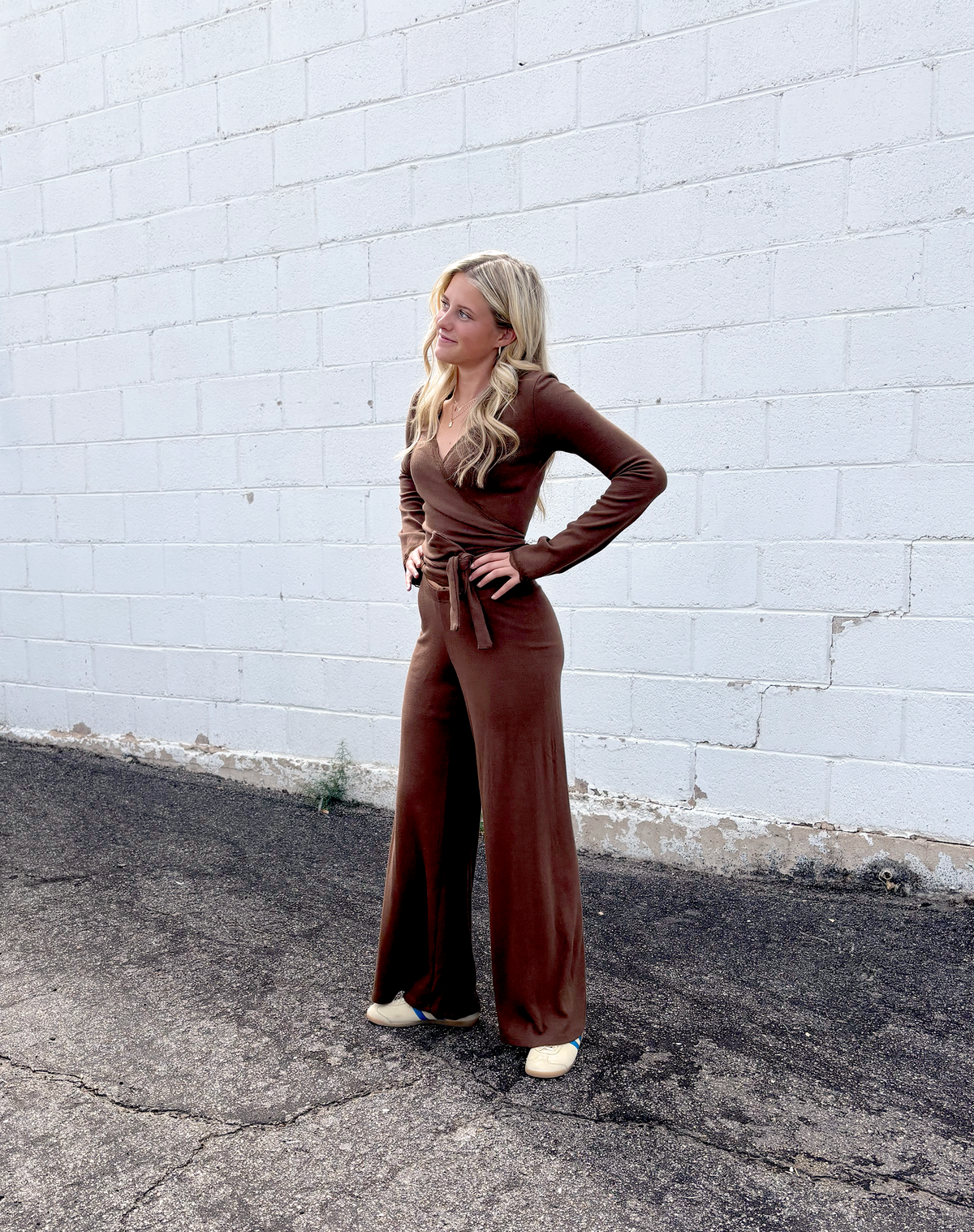 Cute brown wrap top with long sleeves and brow long pants, outfit set