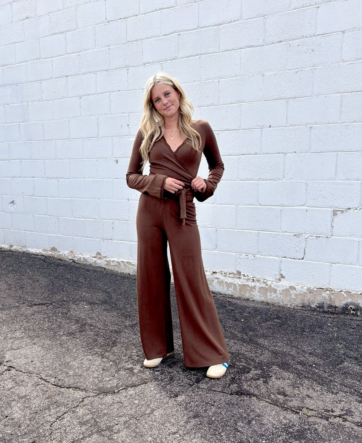 Cute brown wrap top with long sleeves and brow long pants, outfit set