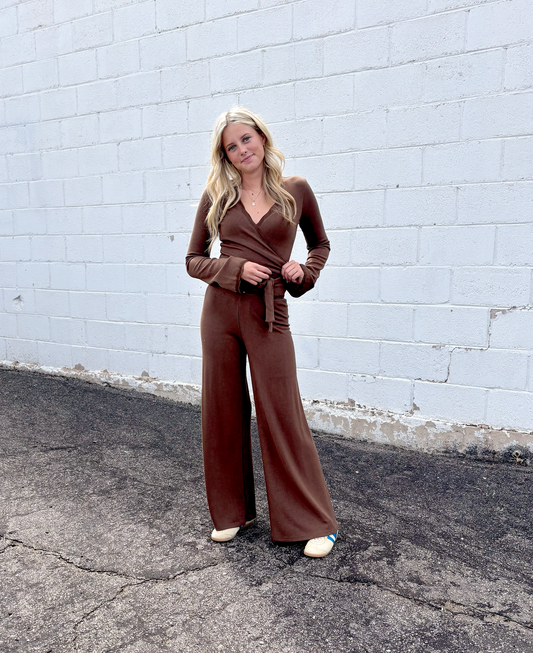 Cute brown wrap top with long sleeves and brow long pants, outfit set