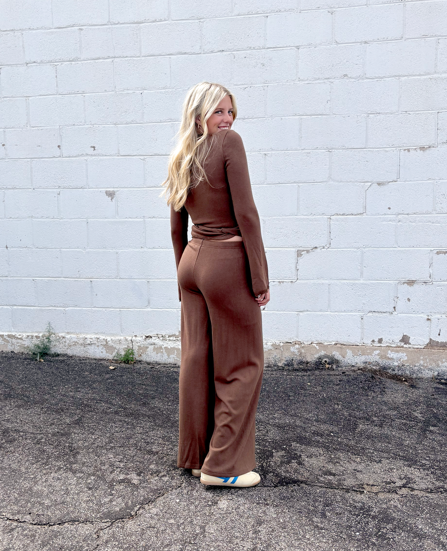 Cute brown wrap top with long sleeves and brow long pants, outfit set