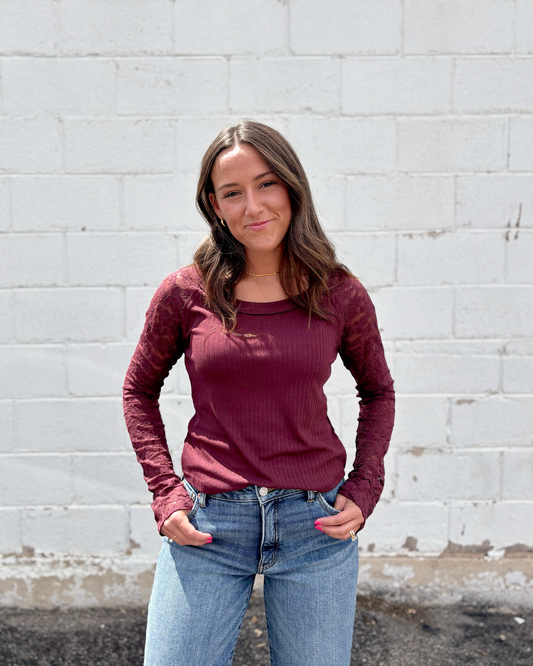 Burgundy top with lace long sleeves and scoop neckline