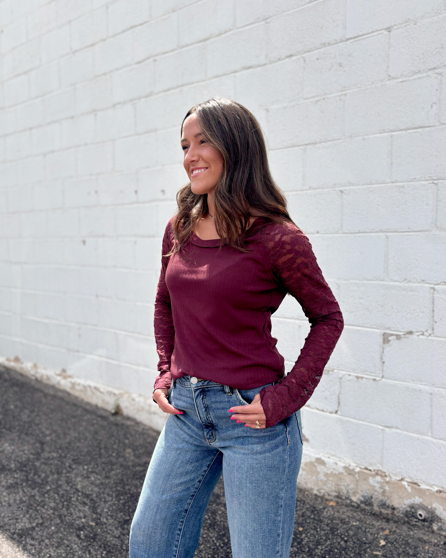 Burgundy top with lace long sleeves and scoop neckline