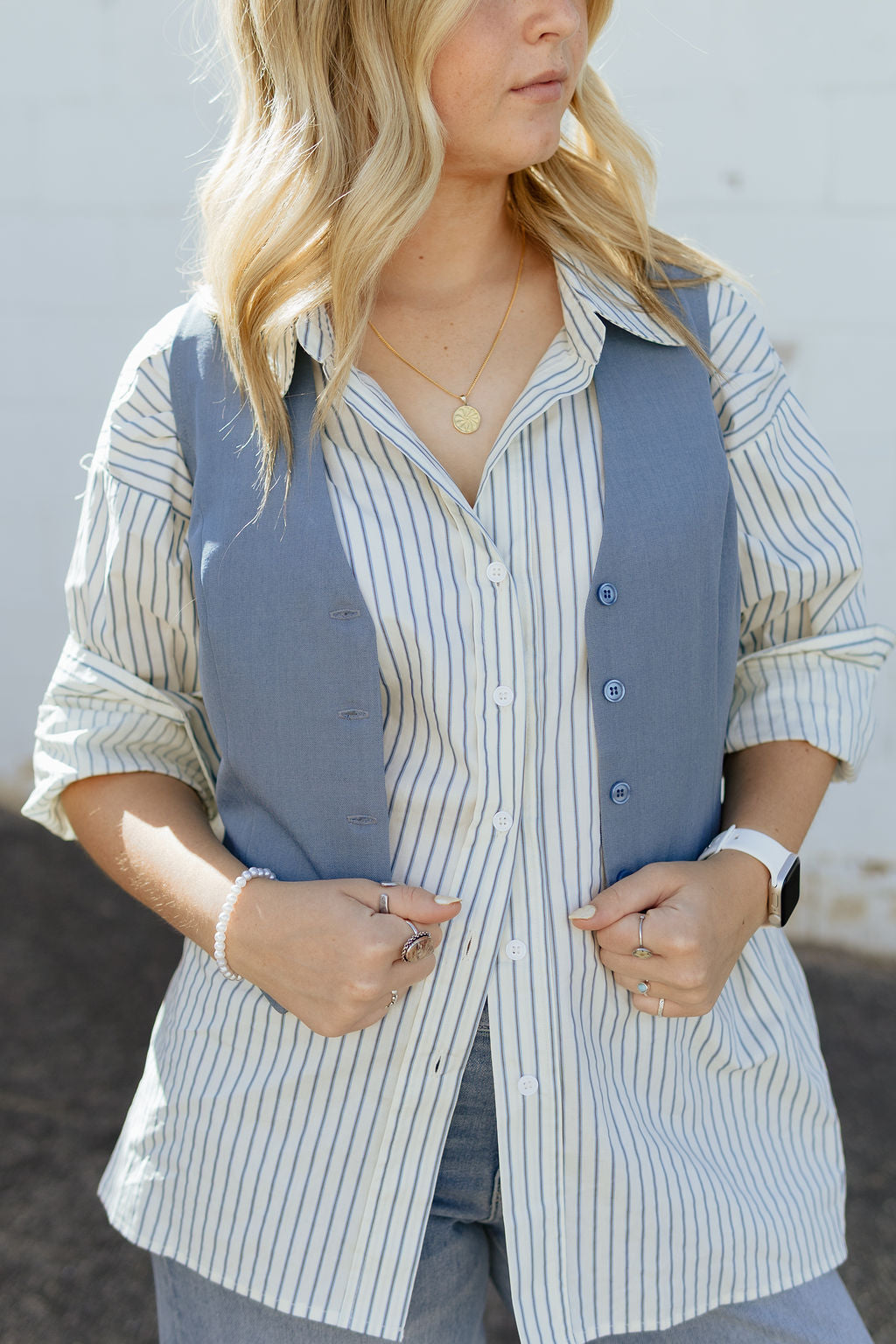 Button up vest in a light blue