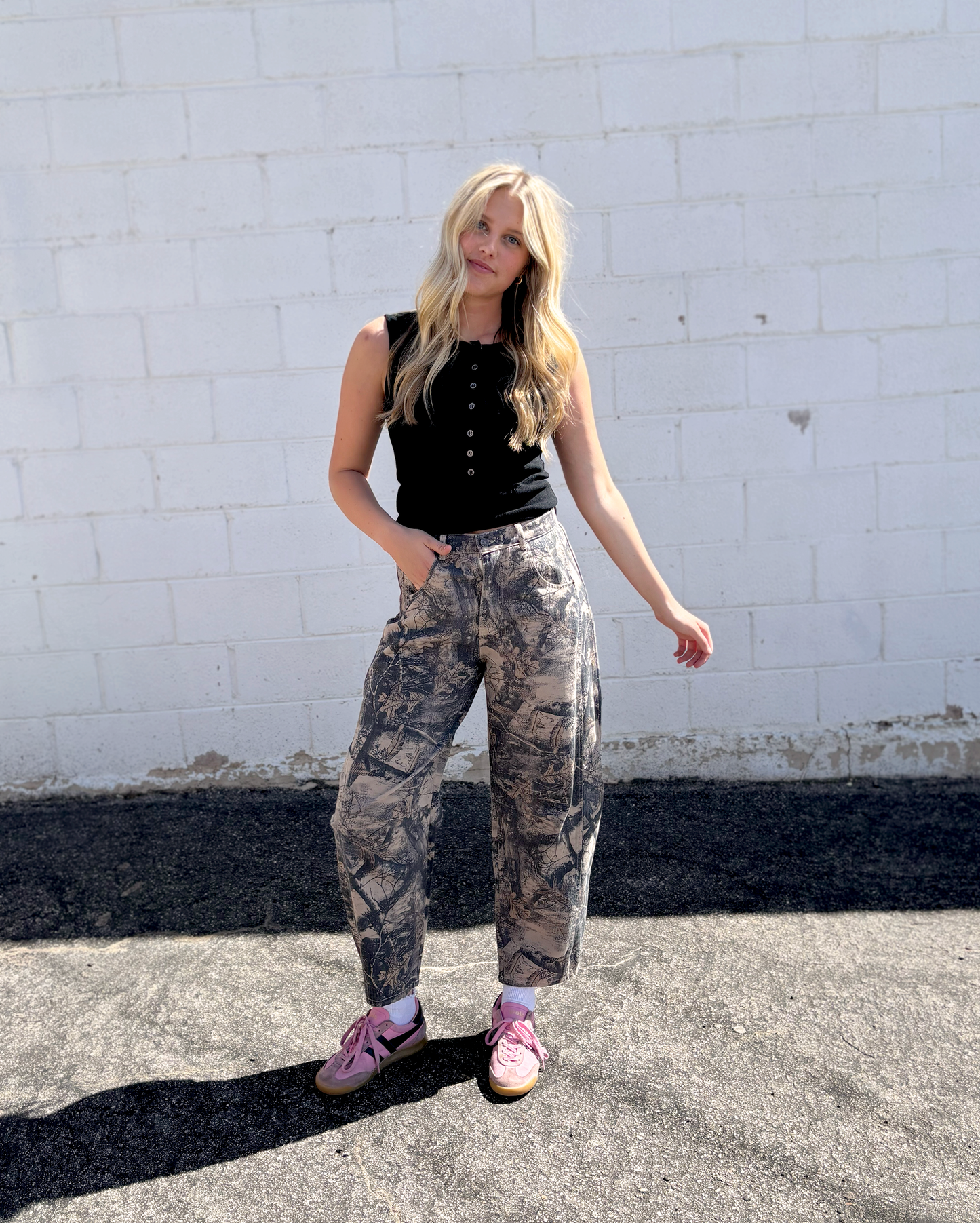 Camo barrel leg jeans