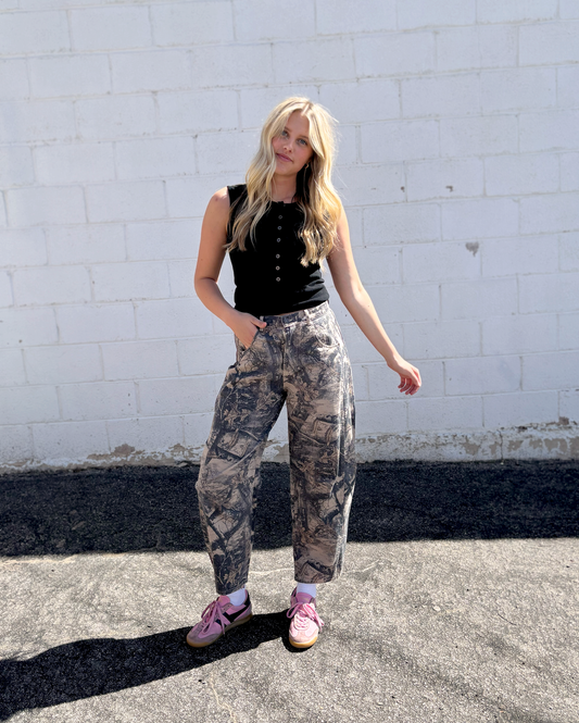 Camo barrel leg jeans