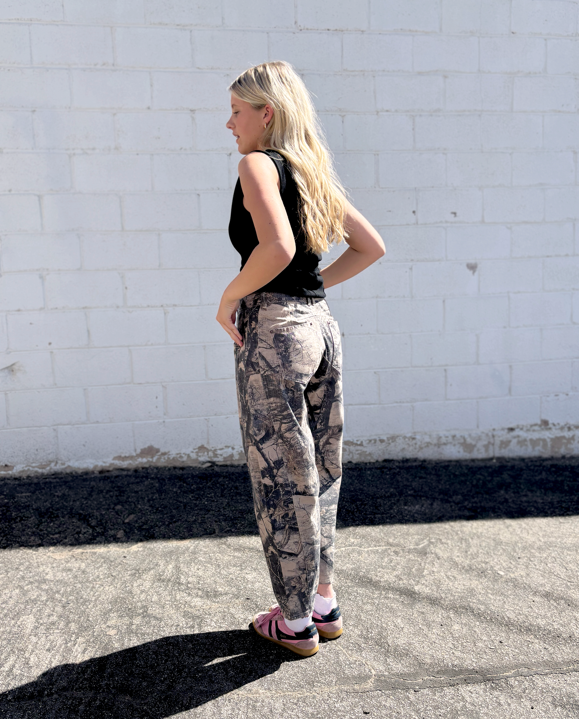 Camo barrel leg jeans
